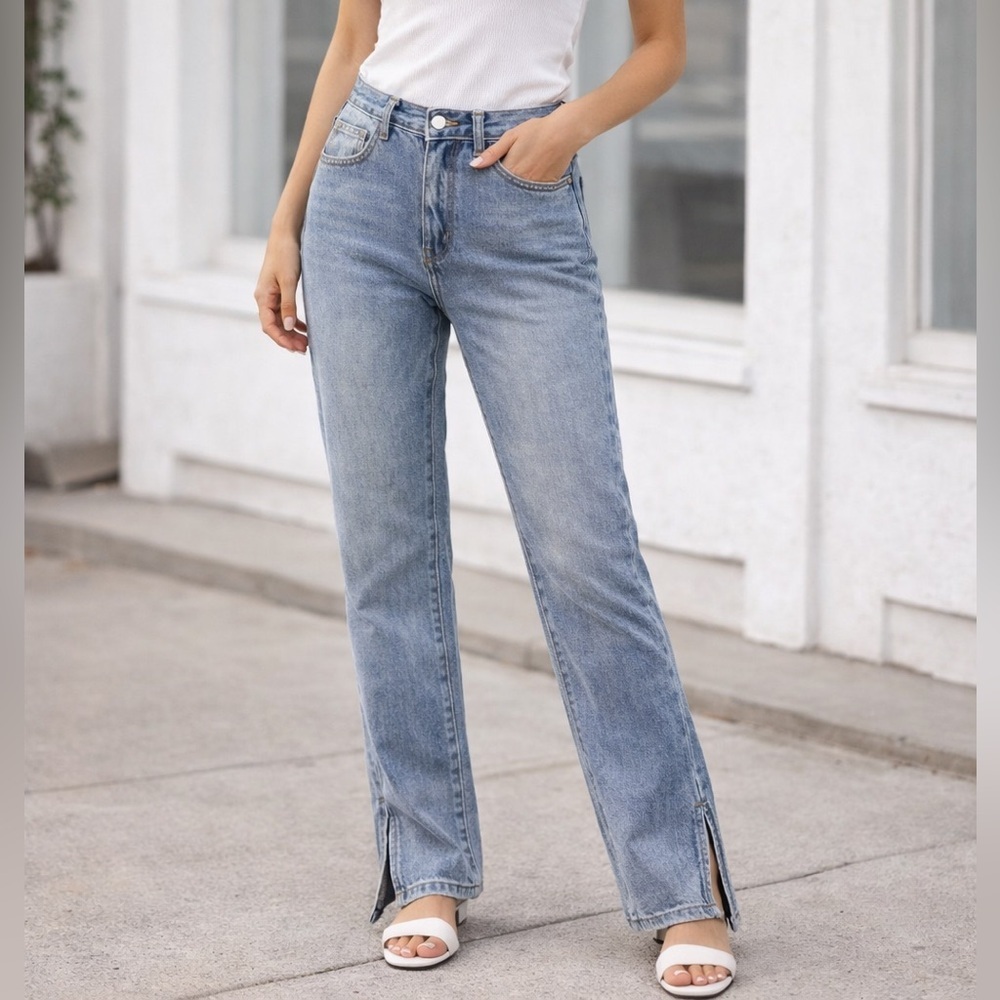 Redial Straight Leg Jeans Side Slit Hem Y2K Minimal Denim Women’s